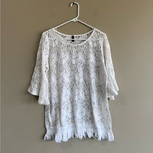 Vision USA White Lace Tunic Top With Half Bell Sleeve